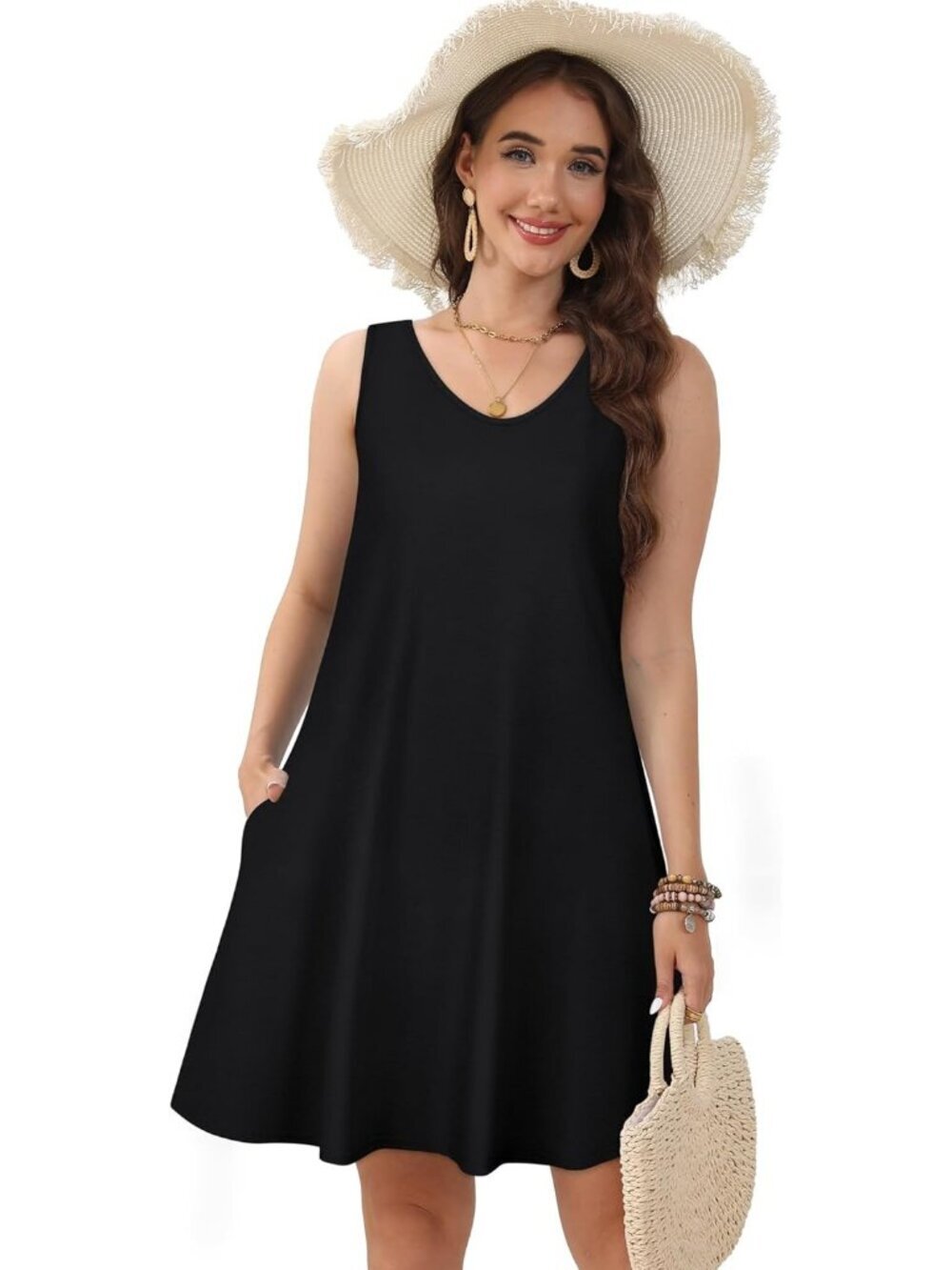 Women's Black Stylish Casual Sleeveless Loose T Shirt V Neck Swing Mini Dress - Picture 2 of 6